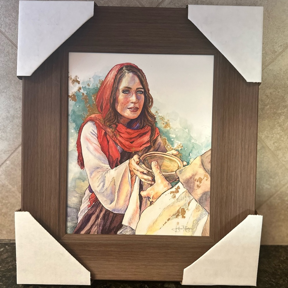 “Living Water” Framed Artwork with Woman in Red Scarf